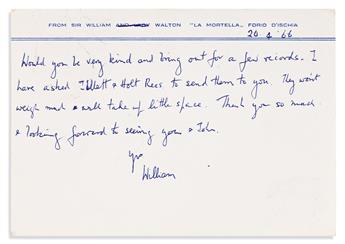 WALTON, WILLIAM. Two items: Autograph Note Signed * Autograph Musical Quotation Signed.